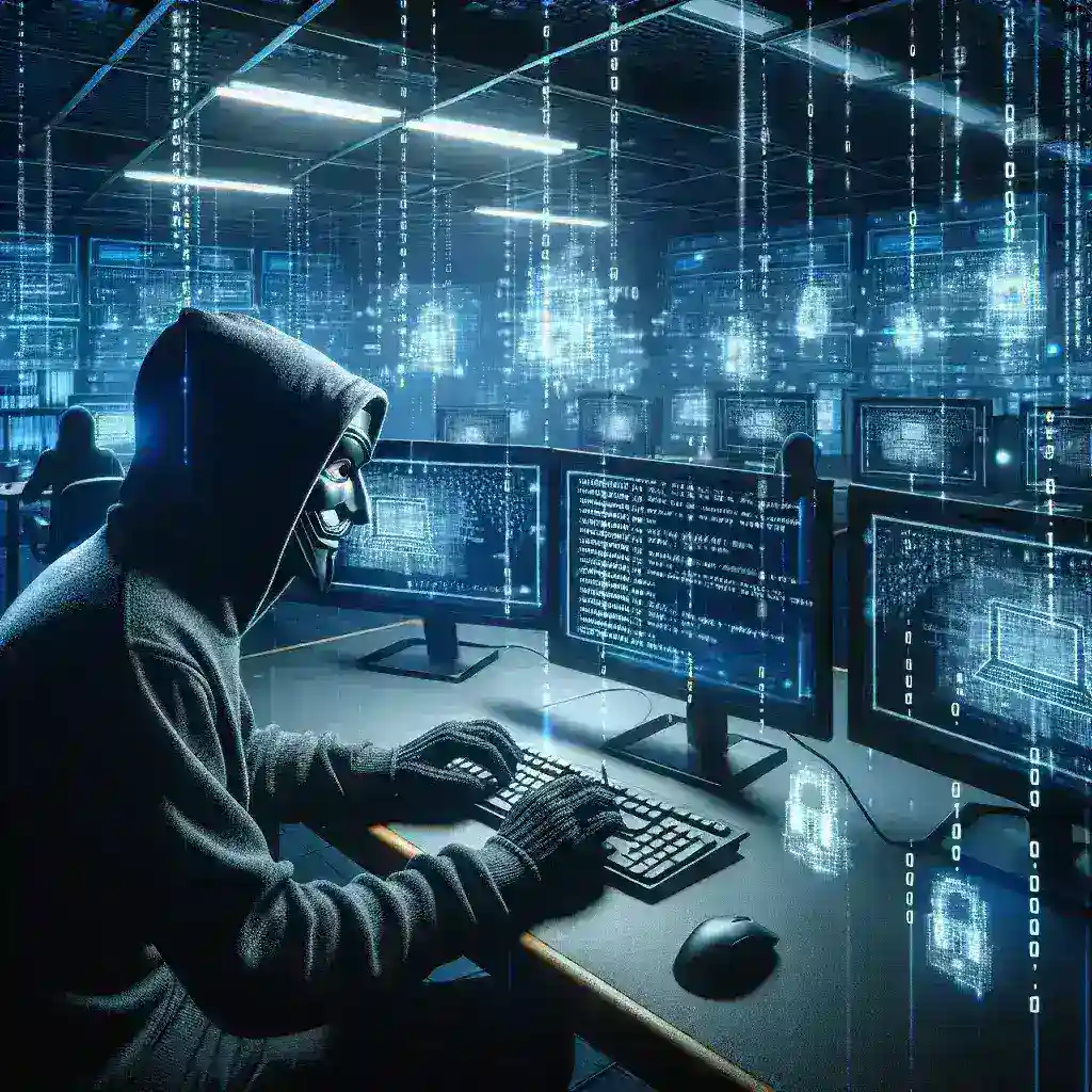 "Imagem ilustrativa de técnicas de hacking, mostrando um hacker utilizando um laptop para acessar remotamente computadores, com ícones de segurança cibernética e firewall ao fundo, relacionado ao artigo 'Como os Hackers Obtêm Acesso Remoto aos Computadores: Métodos, Ferramentas e Prevenção'."