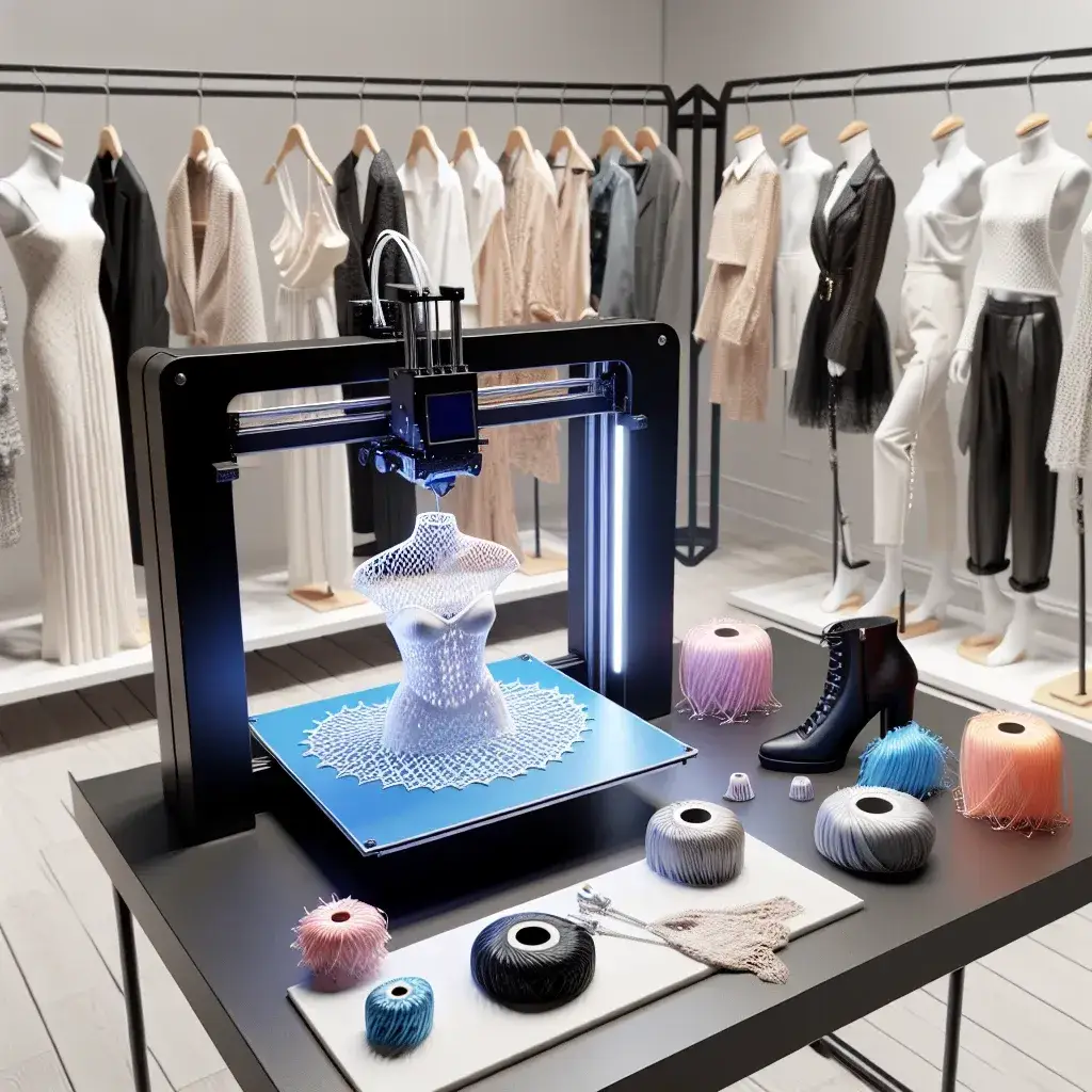 "Modelo vestindo roupas modernas impressas em 3D, exibindo a fusão de tecnologia e moda, destacando a transformação do conceito para o guarda-roupa em um único fim de semana."