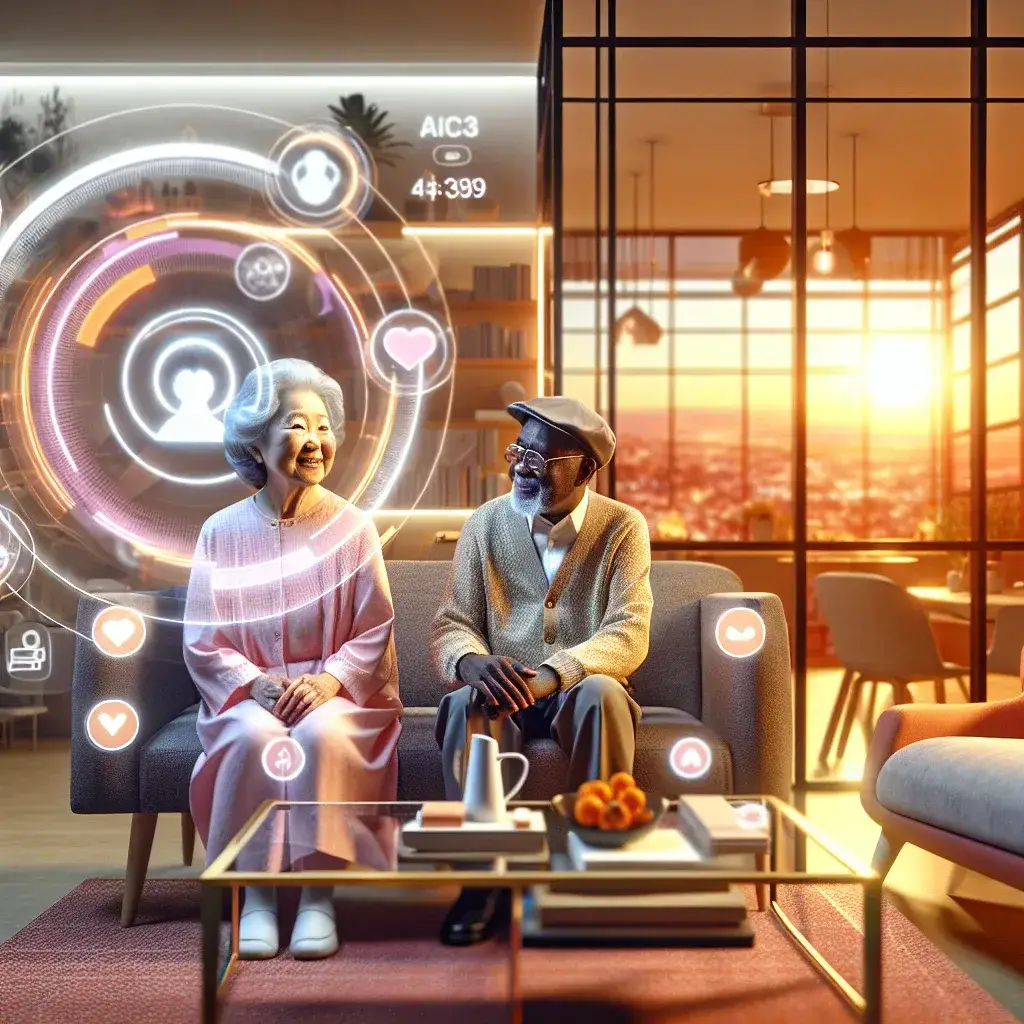 "Idosos interagindo com assistentes virtuais em casa, promovendo inclusão e autonomia na vida diária - artigo sobre a importância da tecnologia para a convivência de idosos."