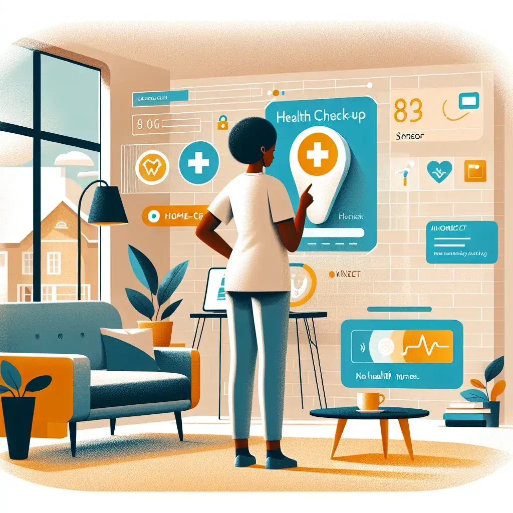 "Paciente realizando check-up de saúde em casa usando sensores de estilo Kinect para exame rápido e acessível, ilustrando a inovação em monitoramento de saúde domiciliar."