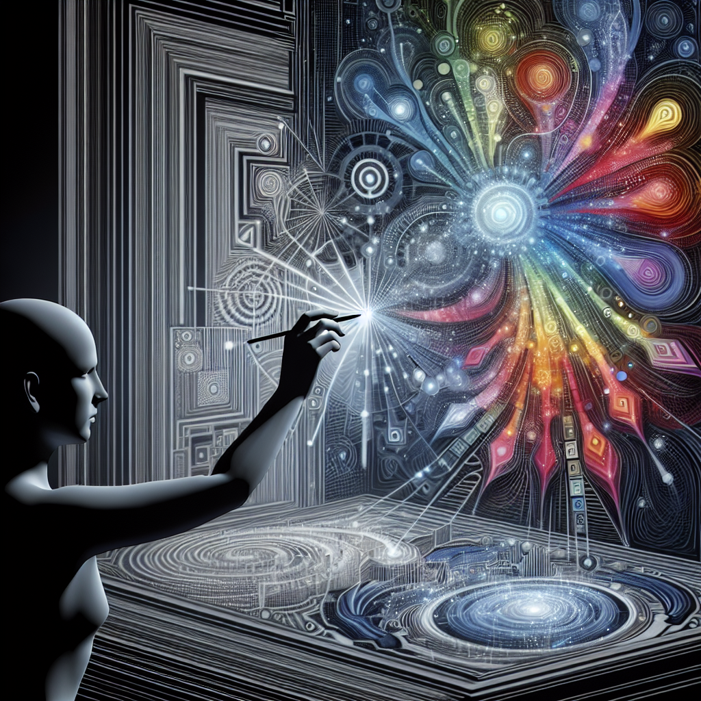 "Exemplo de arte gerada por inteligência artificial, mostrando uma vibrante composição abstrata com formas e cores inovadoras, ilustrando a aplicação de técnicas de arte por comando."