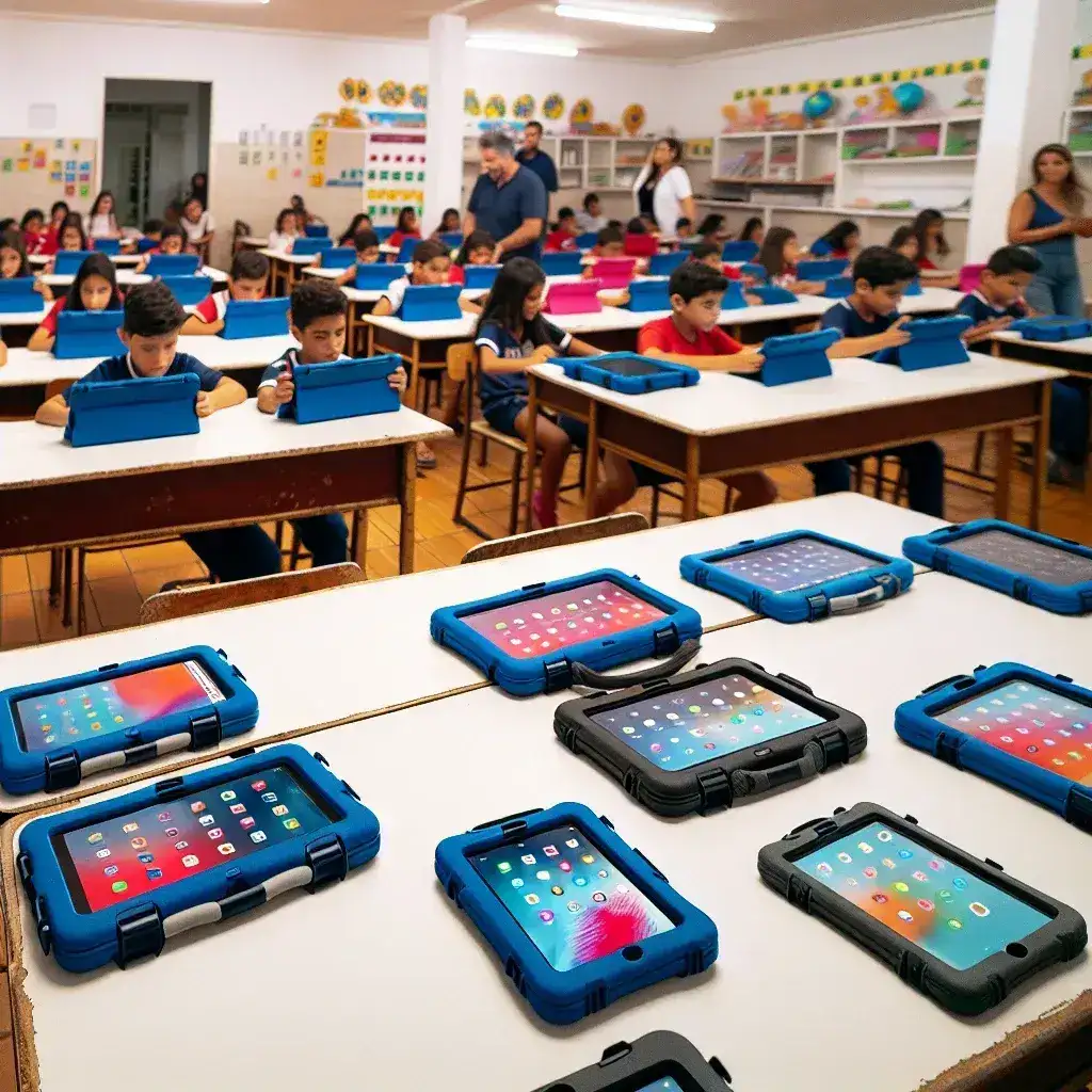 "Capas e proteções para tablets em ambiente educacional brasileiro, demonstrando a variedade de estilos e cores, essencial para a segurança dos dispositivos no ensino."
