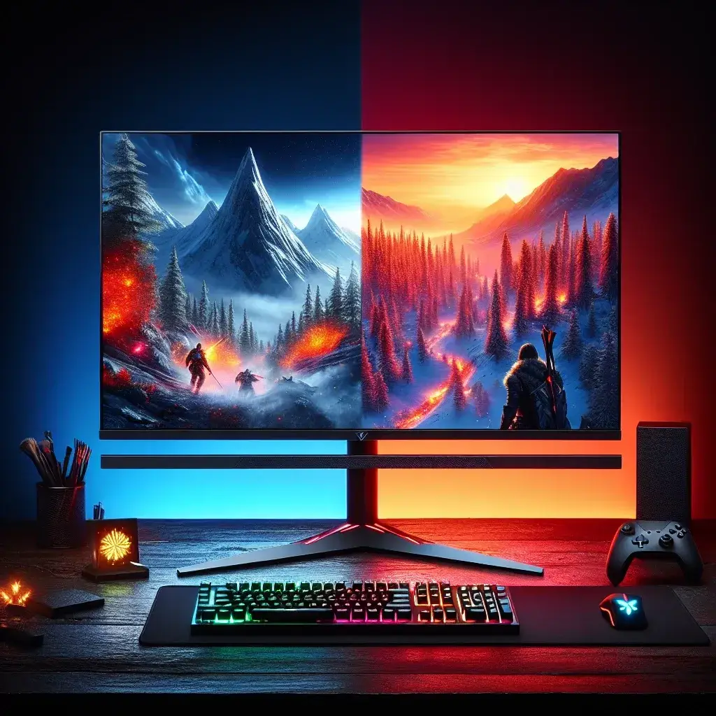 "Comparação visual de monitores gaming com tecnologia G-Sync e FreeSync, destacando características e desempenho em jogos, prontos para compra nacionalmente."