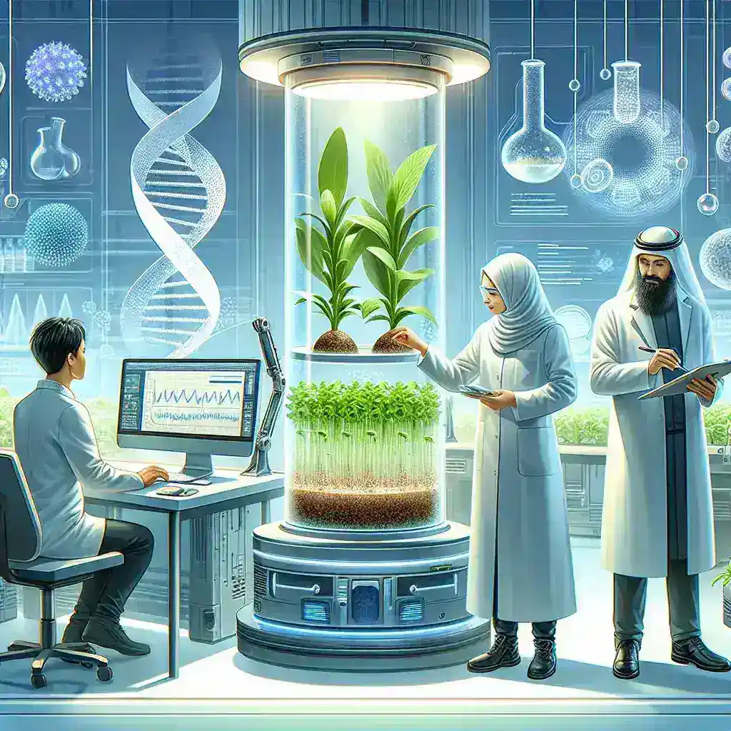 "Imagem ilustrativa de produtos alimentares inovadores desenvolvidos com biotecnologia, destacando alimentos do futuro como carne cultivada em laboratório e vegetais geneticamente modificados, em um fundo moderno que simboliza avanços tecnológicos na alimentação."